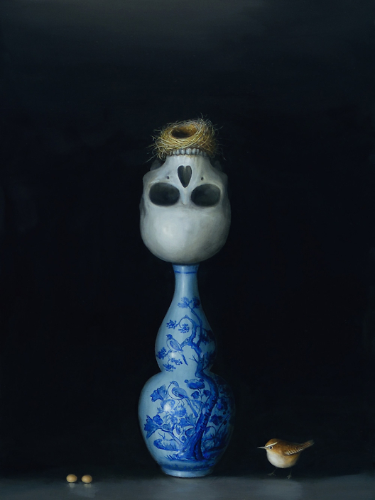 David Kroll - Still Life (Skull and Nest) (SOLD), 2022, oil on panel, 24” x 18”