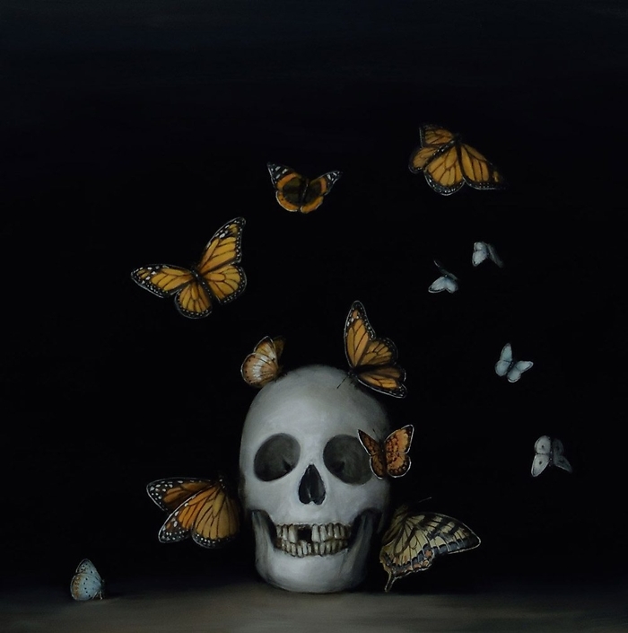 David Kroll - Still Life with Butterflies (SOLD), 2017, oil on panel, 18 by 18 inches