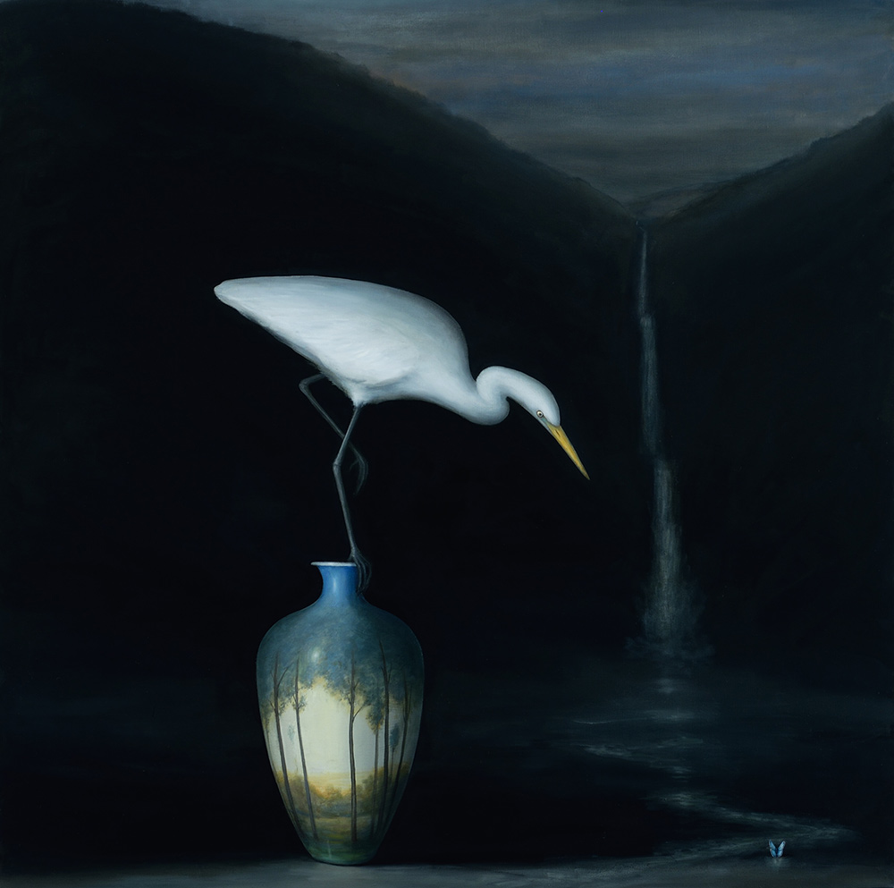 David Kroll - Nocturne (Egret and Vase), 2022, oil on linen 50” x 50”