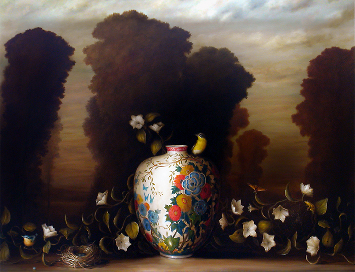 David Kroll - Vase, Nest and Flowering Vine (SOLD), 2005, oil on linen, 48 x 58 inches