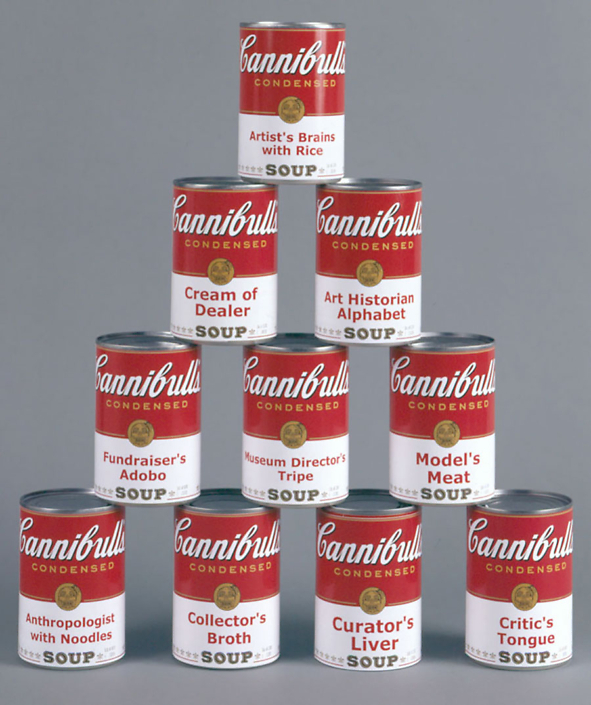 Enrique Chagoya - The Enlightened Savage, 2002, digital print on 10 tin cans with sand, screen printed box dimensions variable Edition of 40, AP 3/5