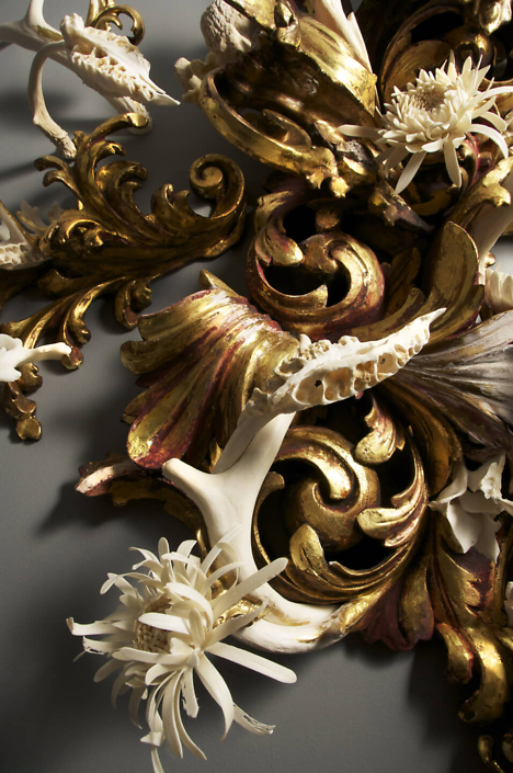 Jennifer Trask - Thrive (detail) (SOLD), 2014, found 18th and 20th century frames, gold leaf, bone (deer, cow, python), antlers, fossilized wood, gesso, 23k gold leaf, resin, 46 by 38 by 11 inches