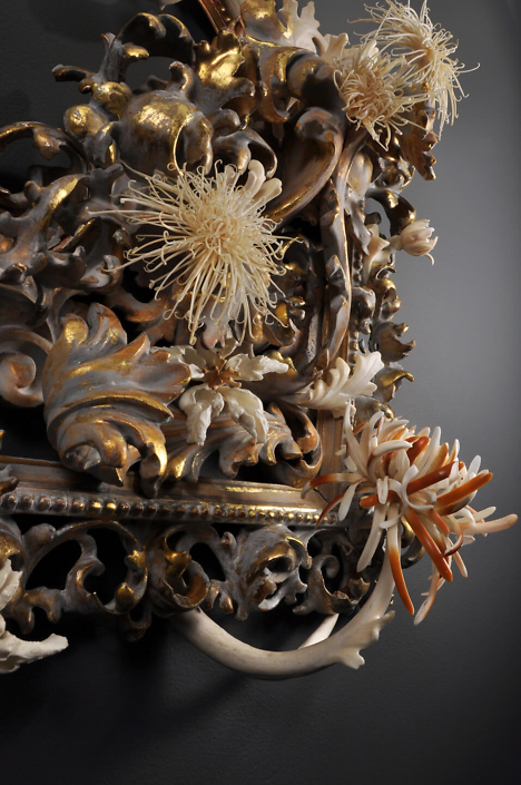 Jennifer Trask - Undergrowth (detail), 2012, found frame fragments (from 4 pieces), 18th and 19th century, painted gilt, carved antler, bones and teeth (various), 25 by 20 by 8 inches