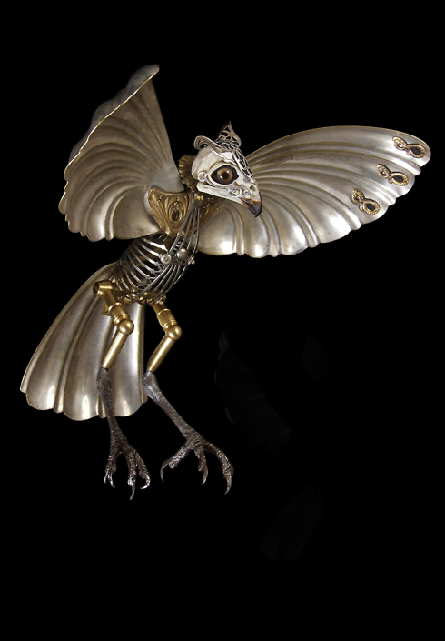 Jessica Joslin - Acadius, 2015, antique hardware and findings, silver, brass, cast pewter, cast plastic, glove leather, glass eyes, 12 by 12 by 13 inches