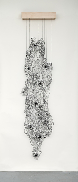 Julianne Swartz - Lace Skin Tear, 2014, electrical wire, speakers, wood, electronics, 4-channel soundtrack, 98 by 24 by 8 inches
