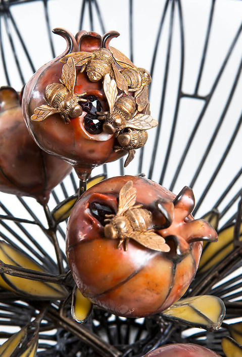 Kim Cridler - Basin with Pomegranates (detail) (SOLD), 2016, steel, bronze, bees wax, garnets, 24 by 36 by 29 inches