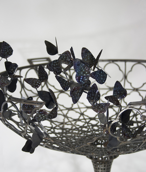 Kim Cridler - Basin with Butterflies (detail) (SOLD), 2018, steel, butterflies (Dichorragia nesmachus), 15 by 28 by 18 inches