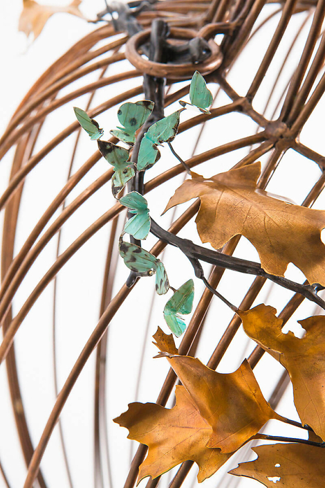 Kim Cridler - Jar with Oak (detail) (SOLD), 2016, bronze, steel, nickel, silver, butterfly wing, 32 by 21 by 21 inches