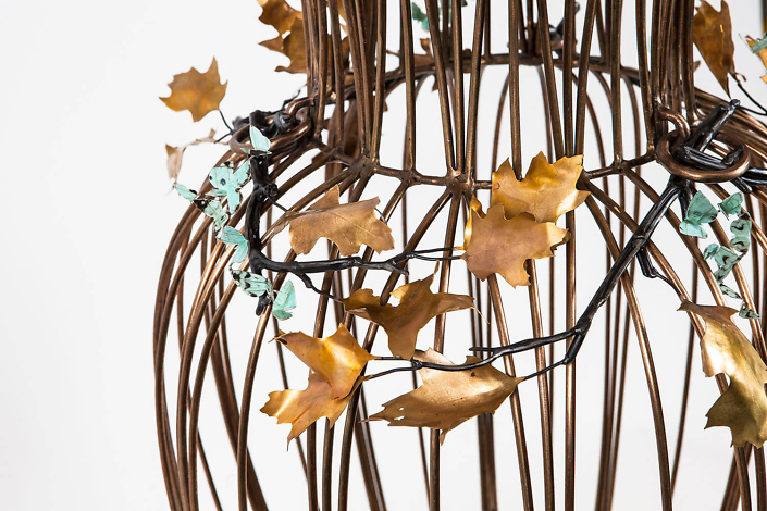 Kim Cridler - Jar with Oak (detail) (SOLD), 2016, bronze, steel, nickel, silver, butterfly wing, 32 by 21 by 21 inches