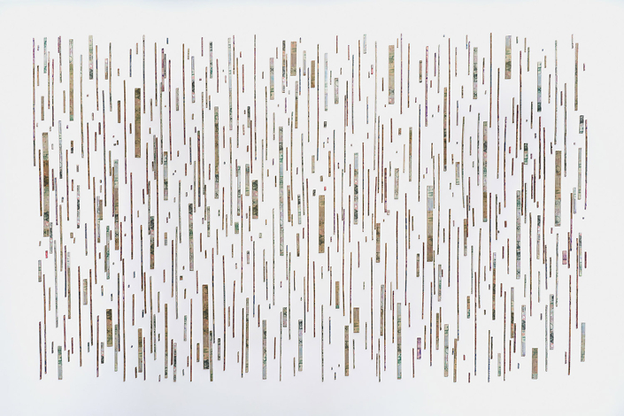 Máximo González - Ascenso/Ascent (SOLD), 2018, mural installation: 507 elements: out-of-circulation currency, foamboard, pins, approximately 8 by 12 feet