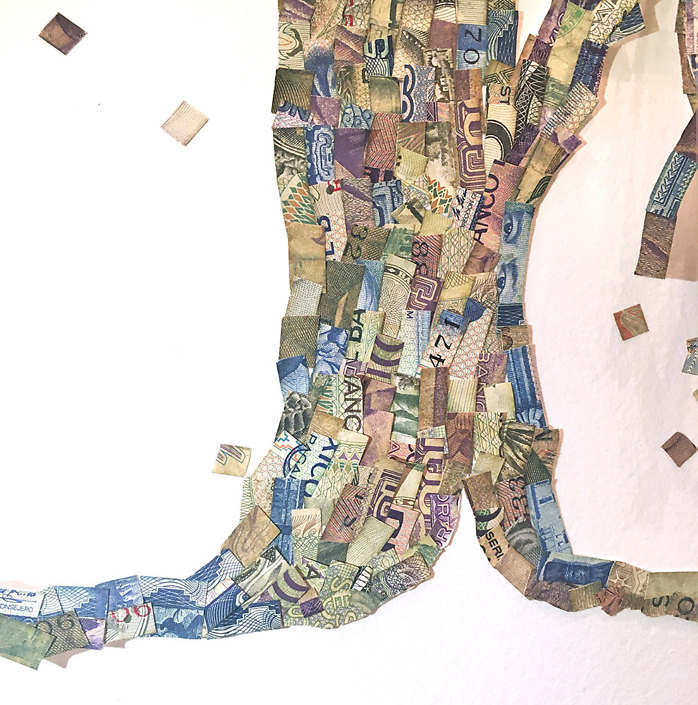Máximo González - Pixel Tree (detail), 2019, collage: out-of-circulation currency, 24 x 20 inches