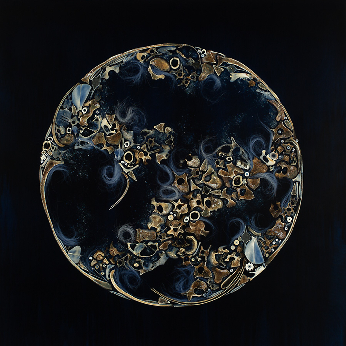 Mayme Kratz - December Moon (SOLD), 2023, resin, bones and wolf fur on panel, 48" x 48"
