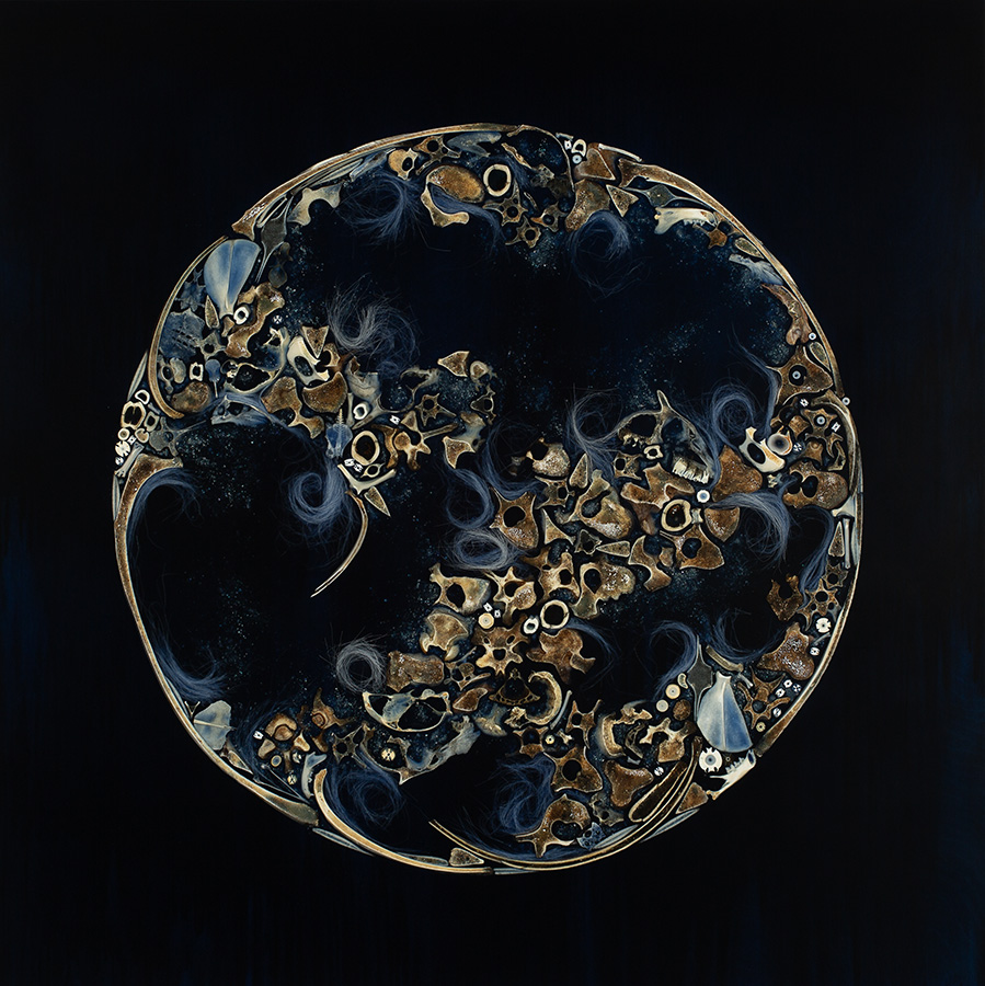 Mayme Kratz - December Moon, 2023, resin, bones and wolf fur on panel, 48" x 48"
