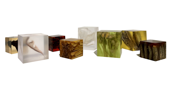 Mayme Kratz - Memory Blocks (various), 2021, resin with natural materials, sizes vary, approximately 2" x 2" x 2" each