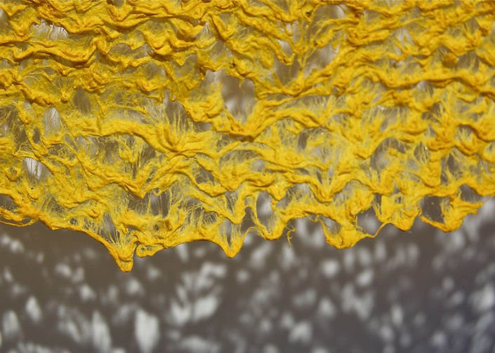 Neha Vedpathak - Nostalgia (detail), 2014, plucked Japanese handmade paper, jasmine scent, plexiglass mirror sheet, 108 by 60 inches (installation size: variable)