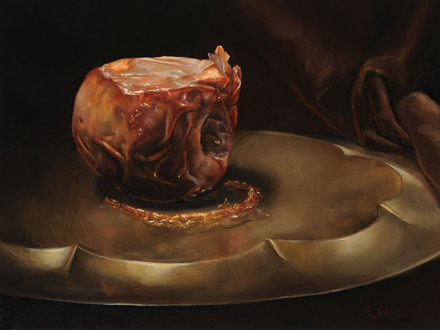 Rachel Bess - Rotting Apple, Prone, 2015, oil on panel, 6 by 8 inches, 9.25 by 11.25 inches framed