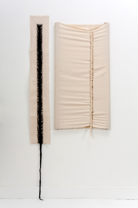 Sonya Clark - French Braid and Cornrow (SOLD), 2013, cloth, thread, wood, 84 by 40 by 2 inches