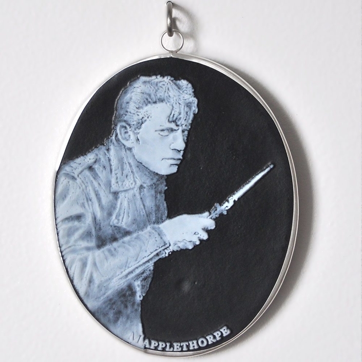 Charlotte Potter - Cameographic - Robert Mapplethorpe, 2017, hand engraved glass, silver, tin, stainless steel, 5 by 4 inches