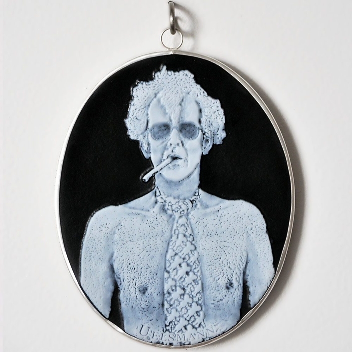 Charlotte Potter - Cameographic - Jerry Uelsmann, 2017, hand engraved glass, silver, tin, stainless steel, 5 by 4 inches