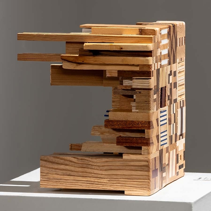 Ato Ribeiro - Over Where #3 (detail), 2023, repurposed wood, wood glue, plastics, 12" x 12" x 6"