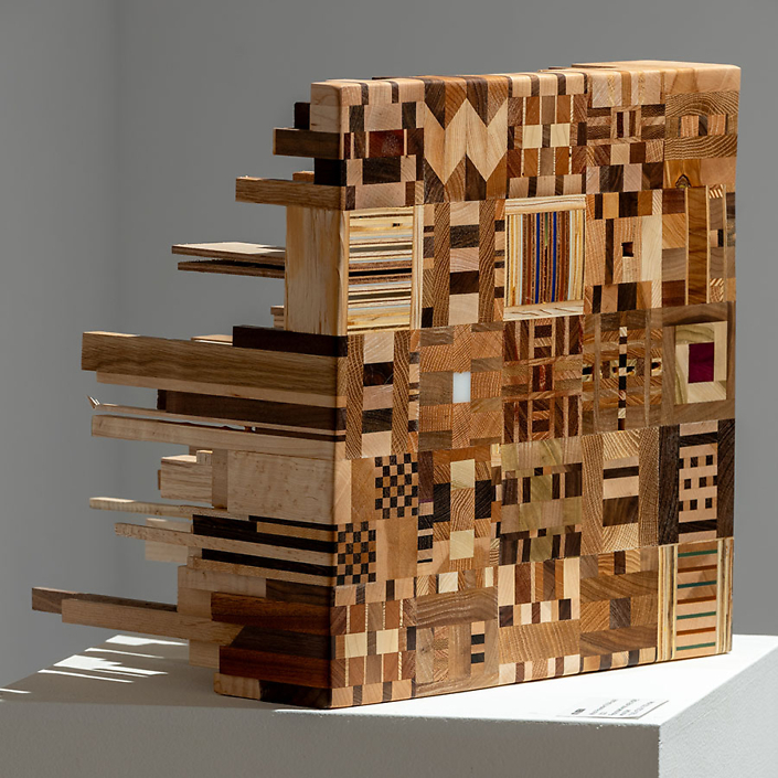 Ato Ribeiro - What a Preventer of Life-Loss #6, 2023, repurposed wood, wood glue, plastics, 15.25" x 15.25" x 18.25"