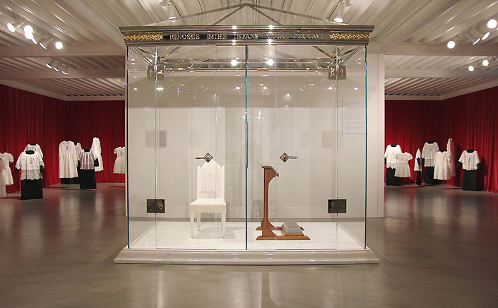 Trina McKillen - Bless Me Child For I Have Sinned, 2010-2018, glass, marble, wood, nails, metal, nickel-plated composite, linen, plexiglas, 102 by 94 by 58 inches