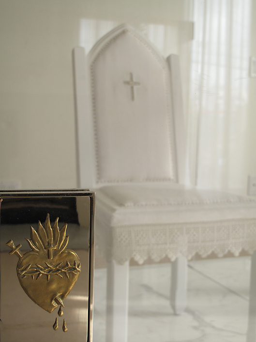 Trina McKillen - Bless Me Child For I Have Sinned (detail), 2010-2018, glass, marble, wood, nails, metal, nickel-plated composite, linen, plexiglas, 102 by 94 by 58 inches
