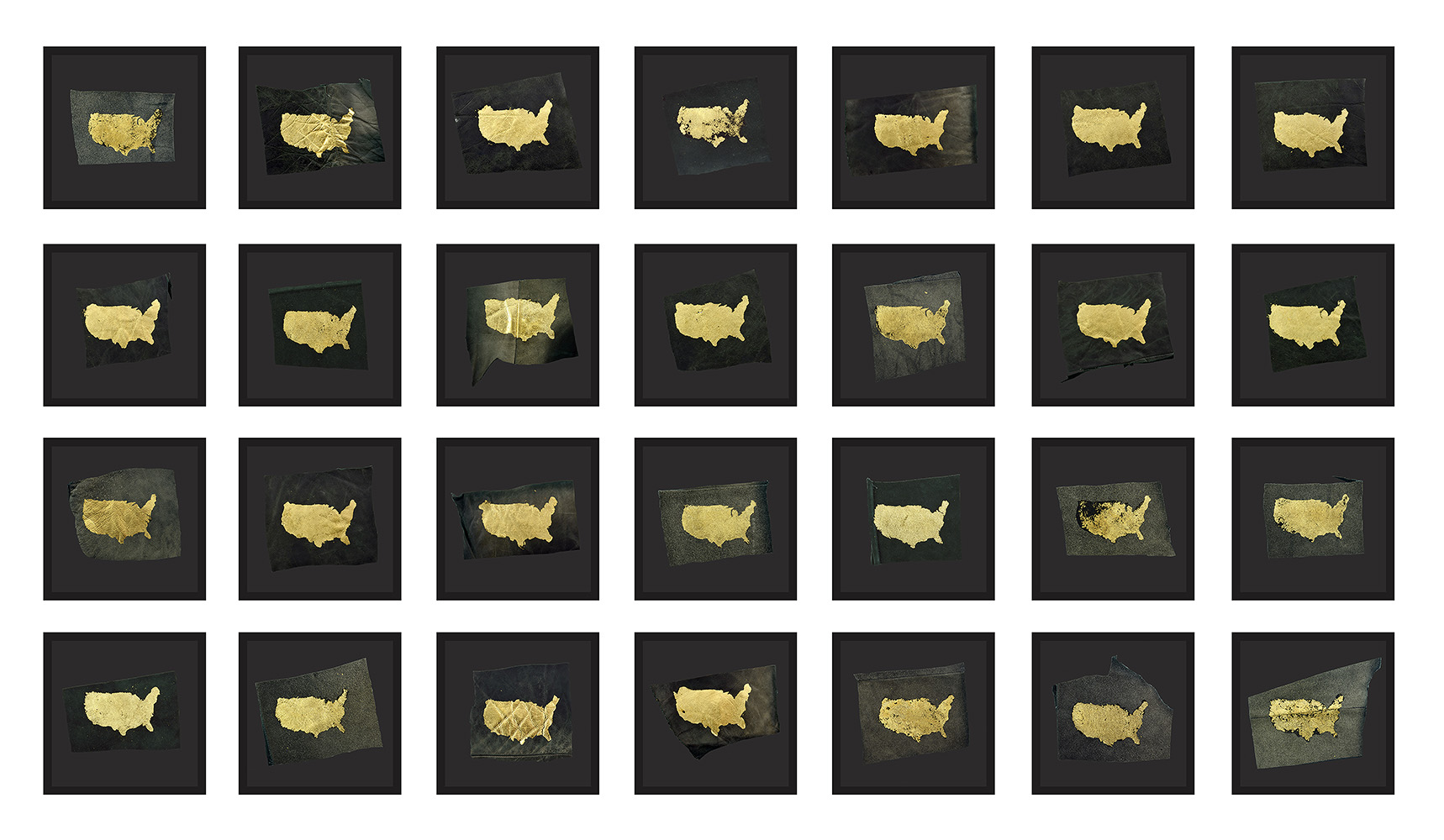 Sonya Clark - Care Taker, 2018, gold leaf, found leather, 28 pieces, dimensions vary, framed size: 11 by 11 inches each