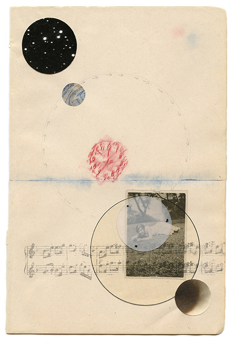 Marie Navarre - still time, 2013, found and de-acidified book page, rag paper, pastel, colored pencil, digital print on vellum, silver print, Xerox transfer, found image, graphite, 12.5 by 9.5 inches