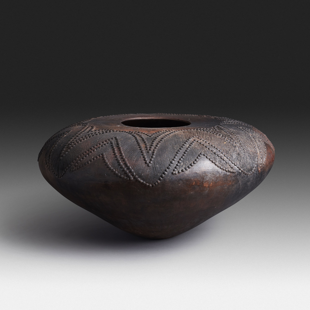 Mncane Nzuza - Ukhamba #118, ceremonial beer-serving vessel, pit-fired hand-built earthenware with burnished surface, 11 by 23 inches diameter