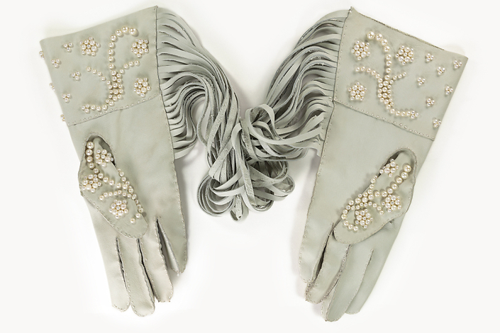 Mark Mitchell - Kid Gloves, 2020, goat leather, silk thread, cultured pearls, 13 by 21.5 by 2.5 inches
