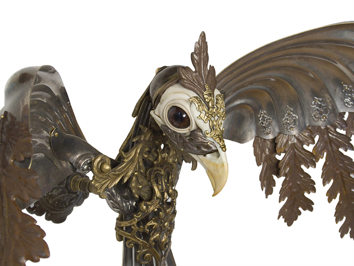 Jessica Joslin - Lyra (detail), 2019, antique hardware and findings, silver, brass, cast plastic, glove leather, glass eyes, 17 x 40 x 18 inches