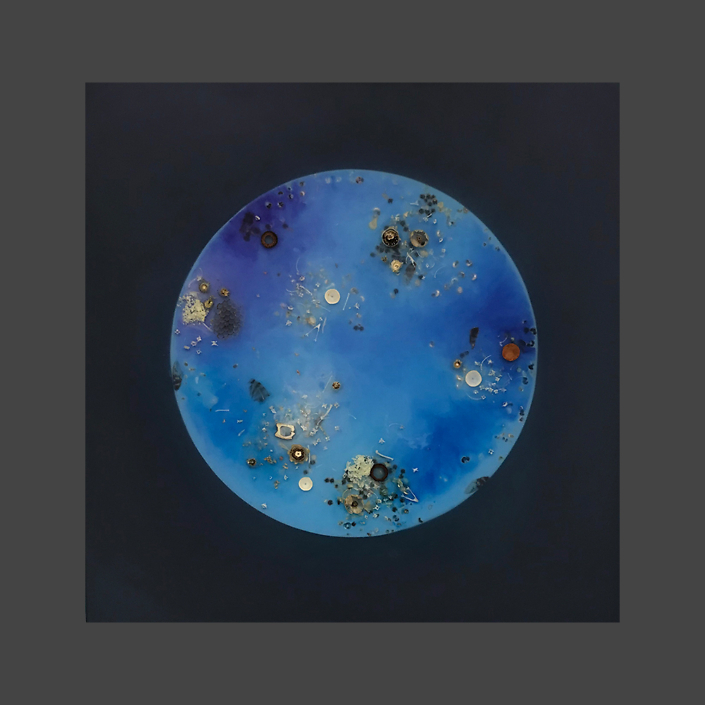 Mayme Kratz - Blue Moon 3 (SOLD), 2020, resin, seeds, bones, blossoms, wasp nest, cicada wings on panel, 24 x 24 inches