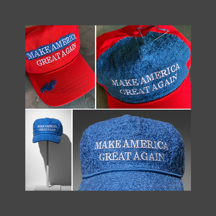 Ann Morton - Blue MAGA, 2020, official "Donald J. Trump Make America Great Again Hat - Red Red Cap/Red", blue embroidery floss, 8 x 10.5 x 6 inches (16.5 inches tall with stand), unique