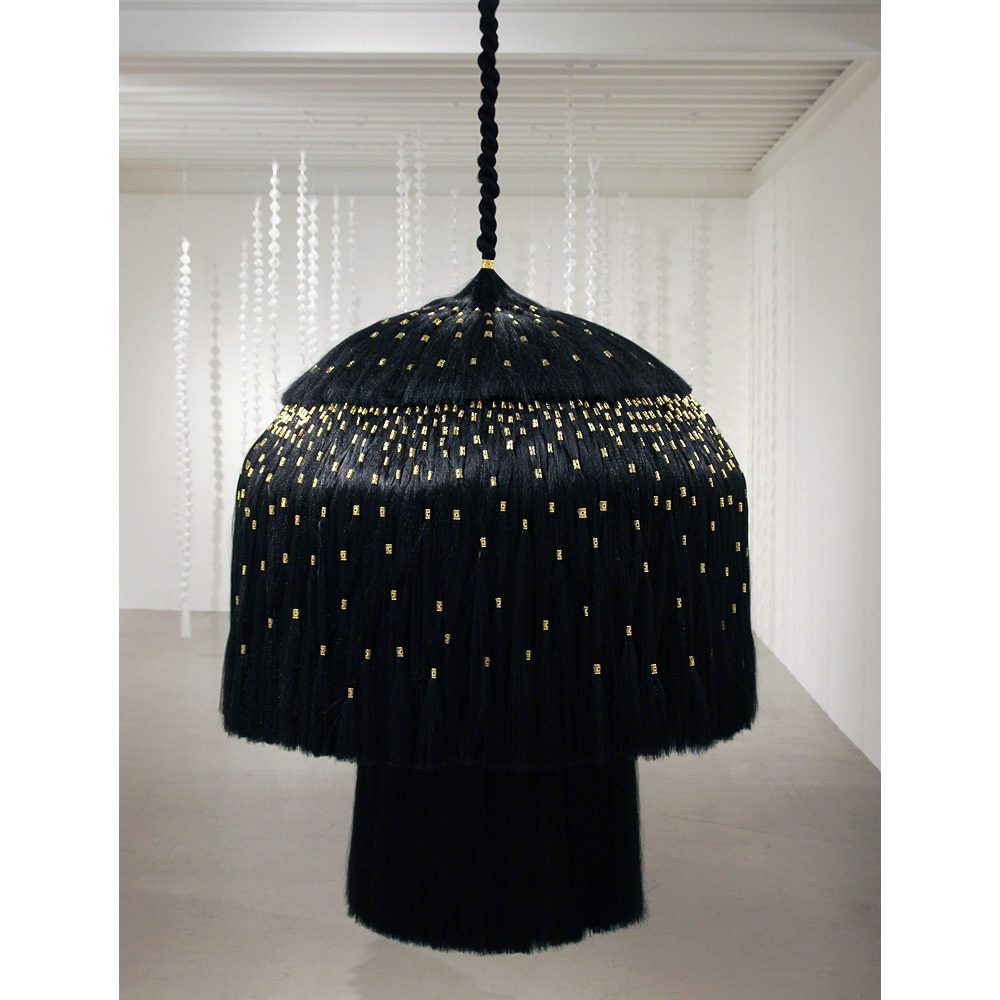 Merryn Omotayo Alaka & Sam Fresquez - Notorious W I G (SOLD), 2021, Kanekalon hair and braid clamps, steel, wire, 78 by 36 by 36 inches