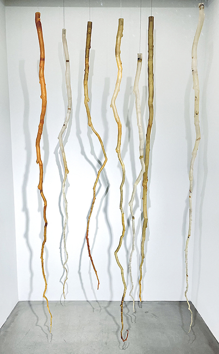 Mayme Kratz - Ghost Forest, 2013, pigment and natural items in resin, 96" x 1.5" diameter each