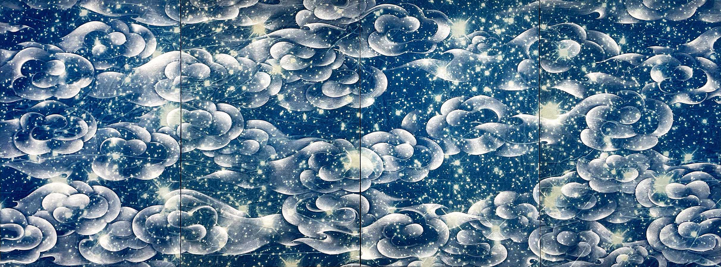 Ala Ebtekar - Zenith (IX) (SOLD), 2022, acrylic over cyanotype exposed by sunlight on canvas, 30 x 80 inches overall (4 panels: 30 x 20 inches each)