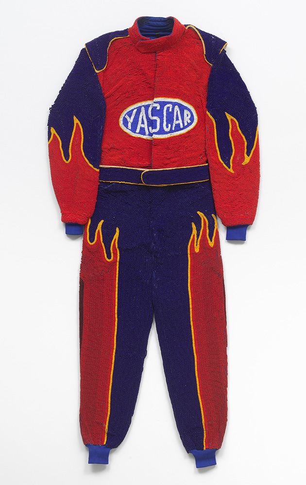 Sam Fresquez - I Wake Up In the Morning and Piss Excellence, 2022, glass seed beads, driving firesuit, 58" x 28"