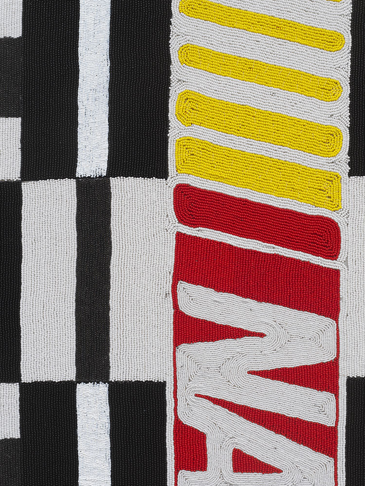 Sam Fresquez - NASCAR Nation (detail), 2022, glass seed beads, checkered flag, 60" x 34.5"