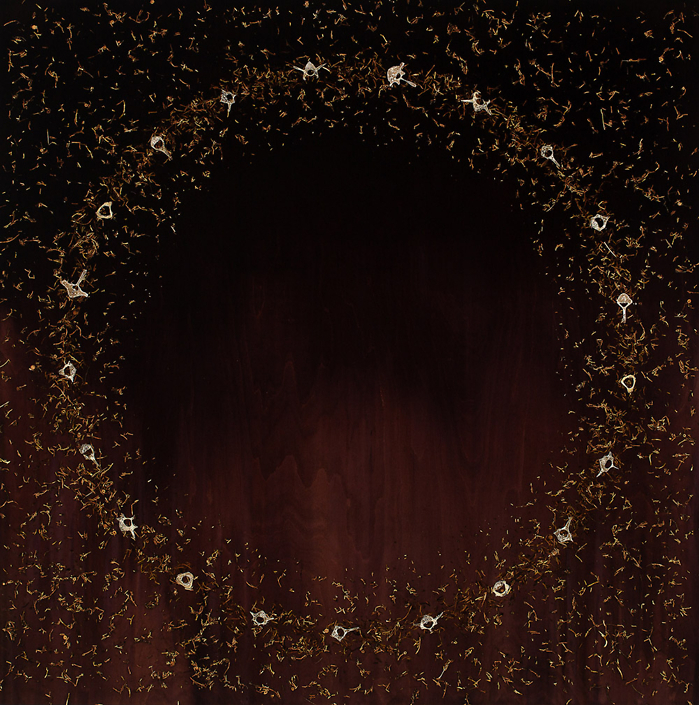 Mayme Kratz - Circle Dream 88, 2023, resin, deer spine, Juniper loam, mistletoe on panel, 60" x 60"