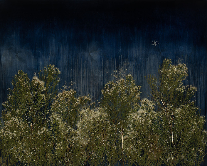 Mayme Kratz - Dark Garden 7, 2023, resin, rabbit brush, cicada exoskeletons on panel, 48" x 60"