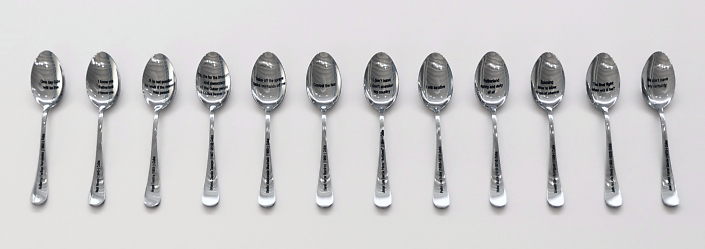 Reynier Leyva Novo - S.O.U.P. (Survial Objects Under Pressure) (Set of 12 - Cuba), 2023, engraved stainless steel spoons, 7.25" x 1.25" each spoon, contact gallery for list of text on each spoon