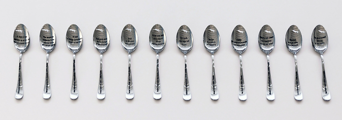 Reynier Leyva Novo - S.O.U.P. (Survial Objects Under Pressure) (Set of 12 - U.S.S.R.), 2023, engraved stainless steel spoons, 7.25" x 1.25" each spoon, contact gallery for list of text on each spoon