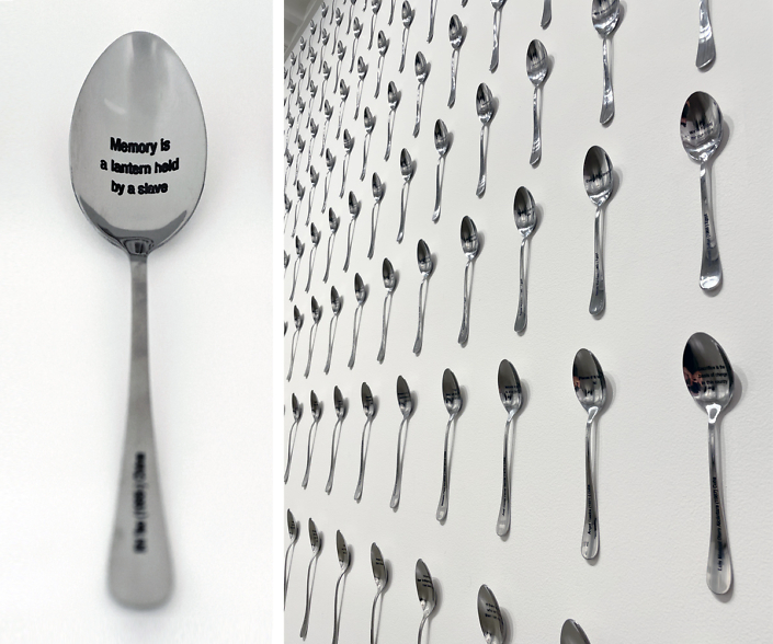 Reynier Leyva Novo - S.O.U.P. (Survival Objects Under Pressure), 2018-2023, installation view, with detail, 260 spoons, overall dimensions variable