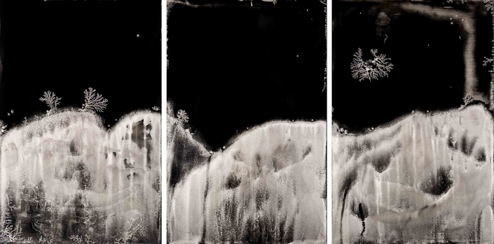Michael Koerner - Hibakusha Landscape #0416L, #0408C, #0412R, 2021, collodion on tin, 12 by 8 inches each