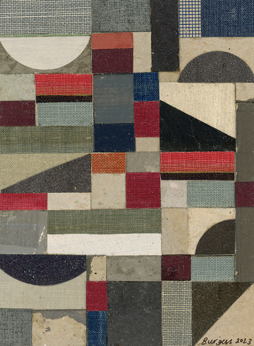Andy Burgess - A New Architecture (SOLD), 2023, vintage book card, linen, and painted paper collage, 5 by 4 inches