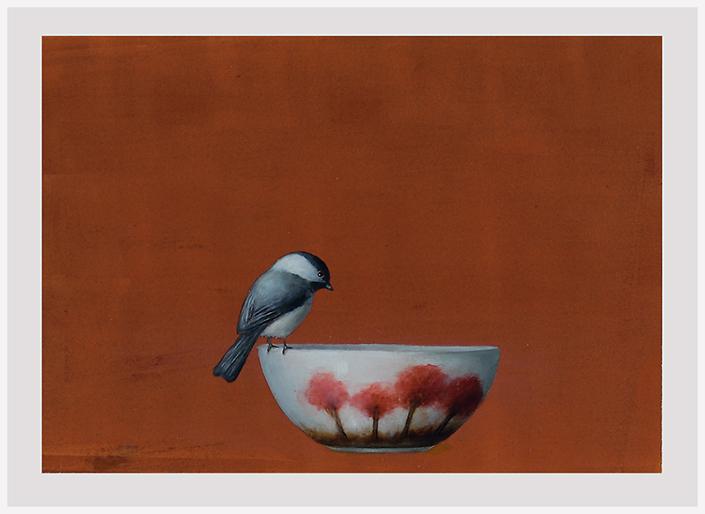 David Kroll - Untitled (Bird and Bowl) (SOLD), 2023, oil on treated paper, 11 x 15”