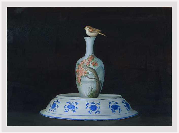 David Kroll - Untitled (Bird, Vase, Bowl), 2023, oil on treated paper, 22.5 x 30”