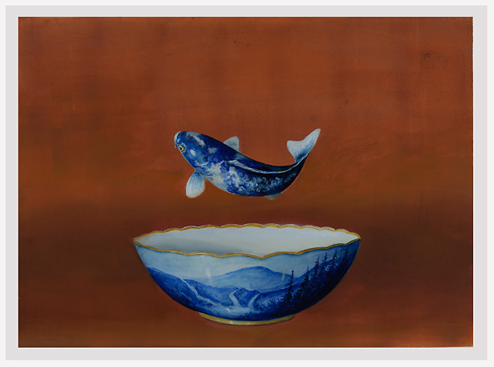 David Kroll - Untitled (Blue Koi and Bowl) (SOLD), 2023, oil on treated paper, 22.5 x 30”