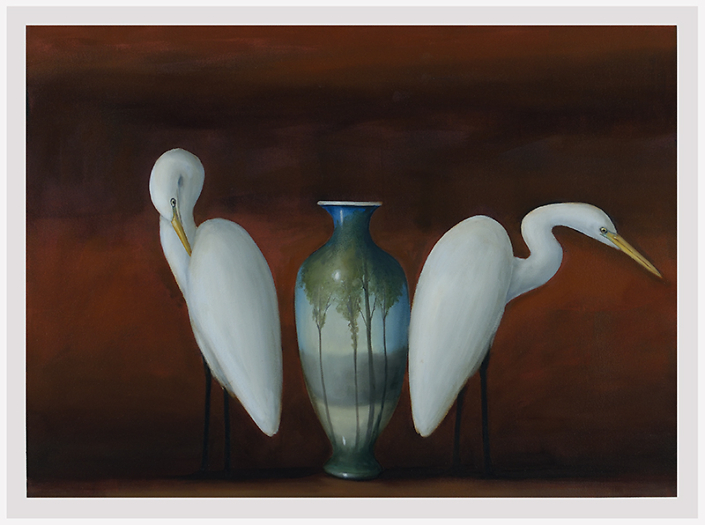 David Kroll - Untitled (Two Egrets), 2023, oil on treated paper, 22.5 x 30”